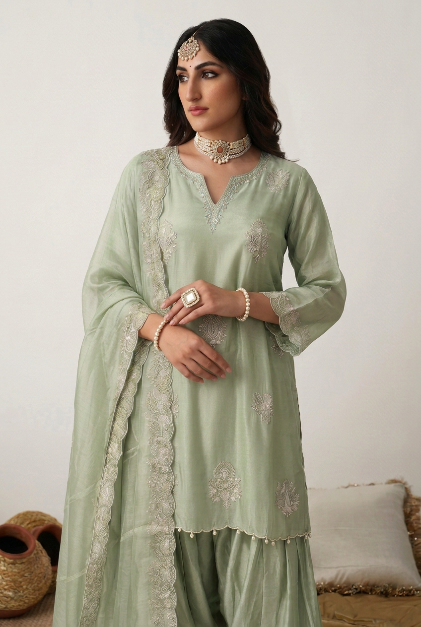 Tissue organza Suit with Cutdana, Sequins, Thread work.