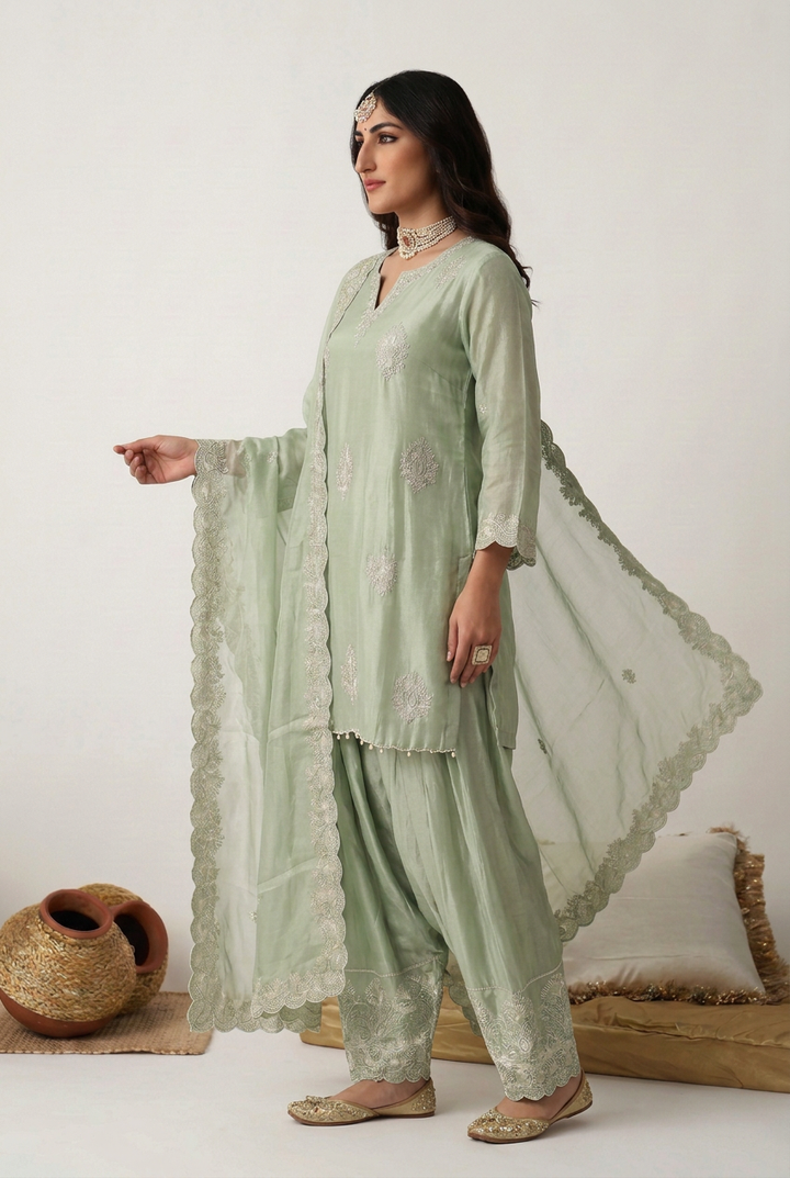 Tissue organza Suit with Cutdana, Sequins, Thread work.