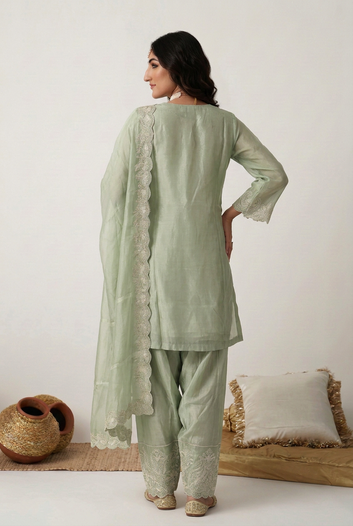 Tissue organza Suit with Cutdana, Sequins, Thread work.