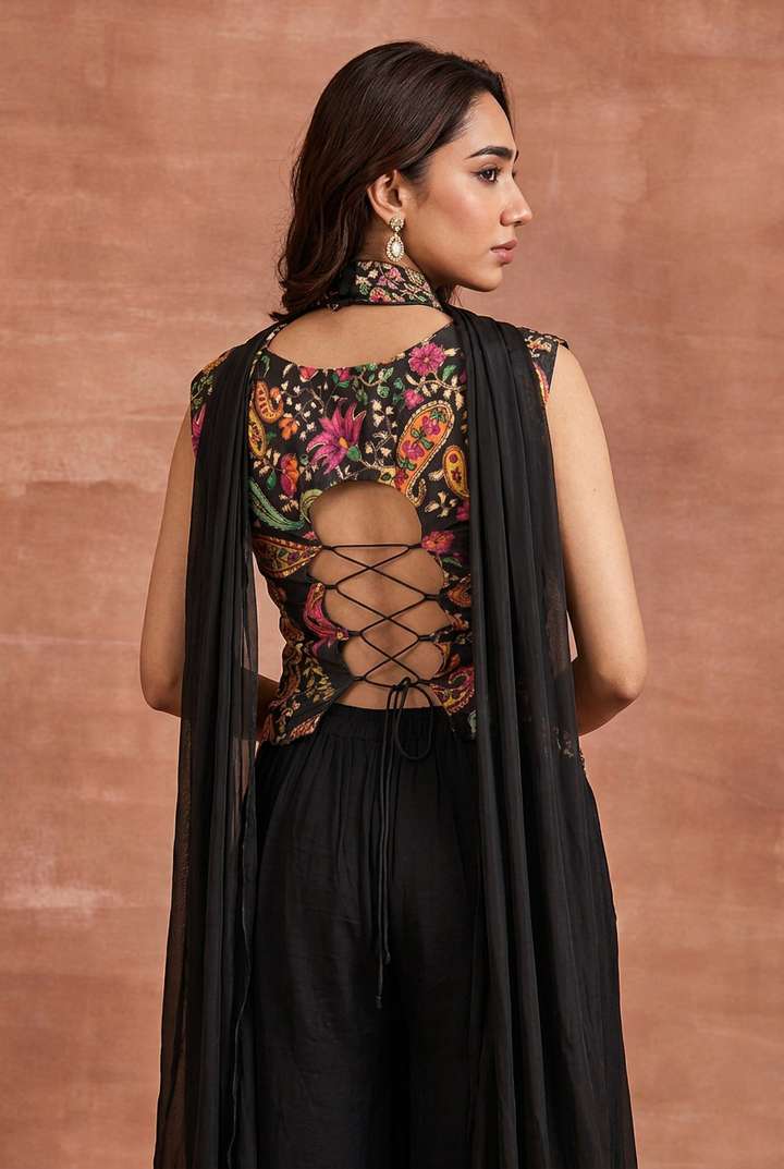 Crepe Silk Indowestern with Aari, Cutdana, Sequins work.