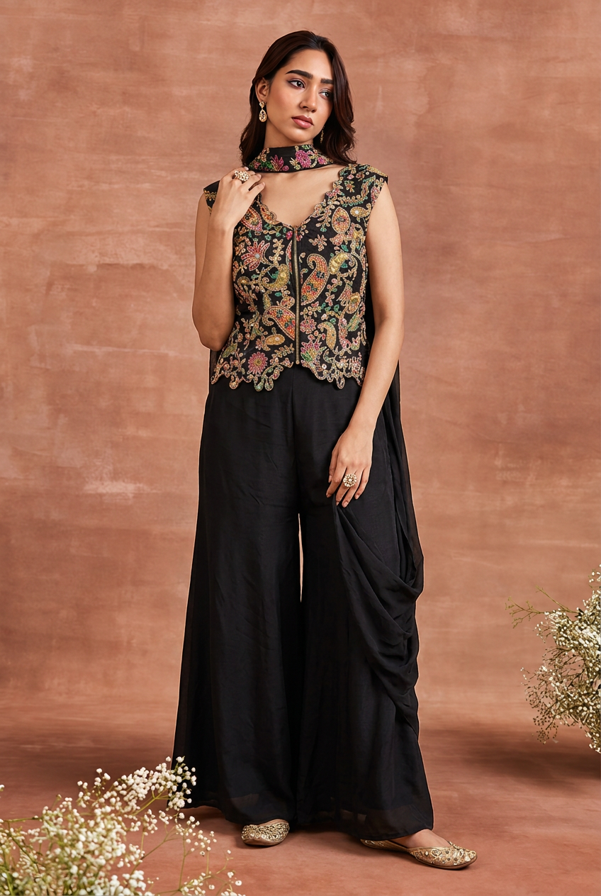 Crepe Silk Indowestern with Aari, Cutdana, Sequins work.