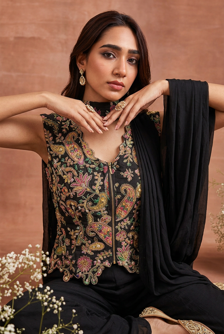Crepe Silk Indowestern with Aari, Cutdana, Sequins work.