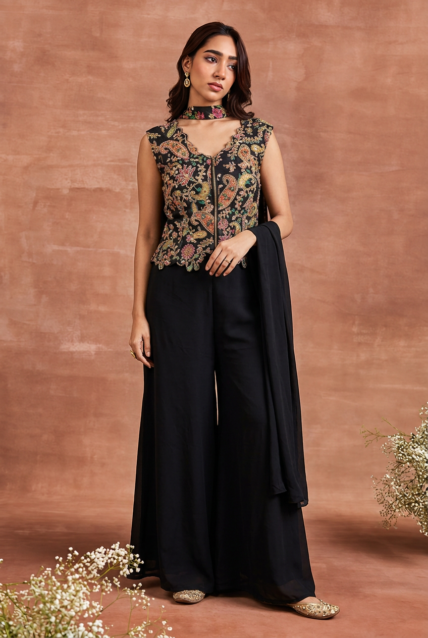 Crepe Silk Indowestern with Aari, Cutdana, Sequins work.