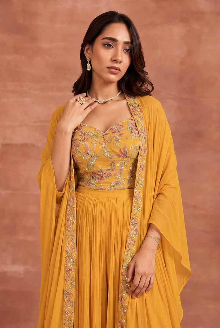 Satin Indowestern with Aari, Cutdana, Pearl, Sequins work.