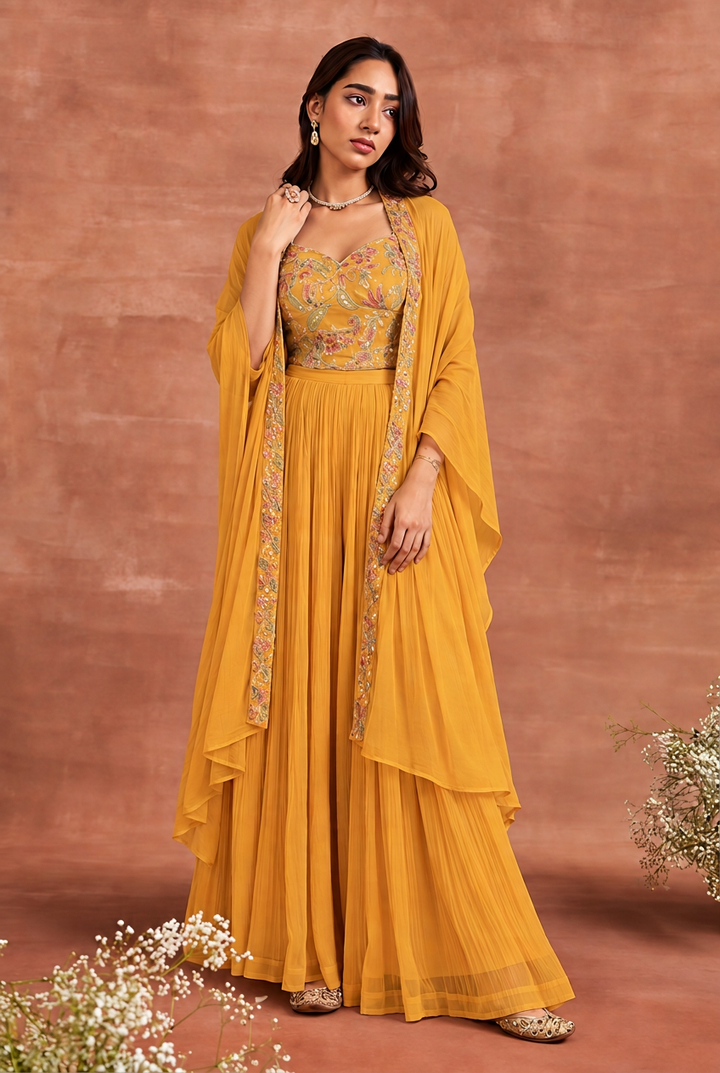 Satin Indowestern with Aari, Cutdana, Pearl, Sequins work.