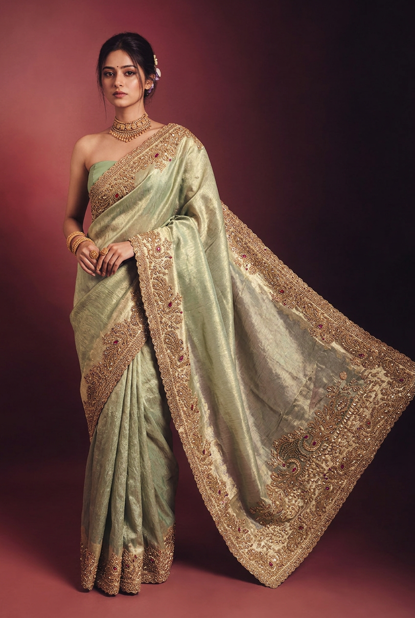 Tissue organza Saree with Aari, Sequins, Stone work.