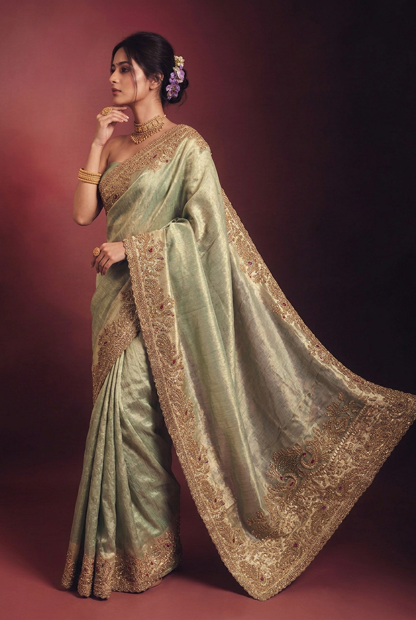 Tissue organza Saree with Aari, Sequins, Stone work.