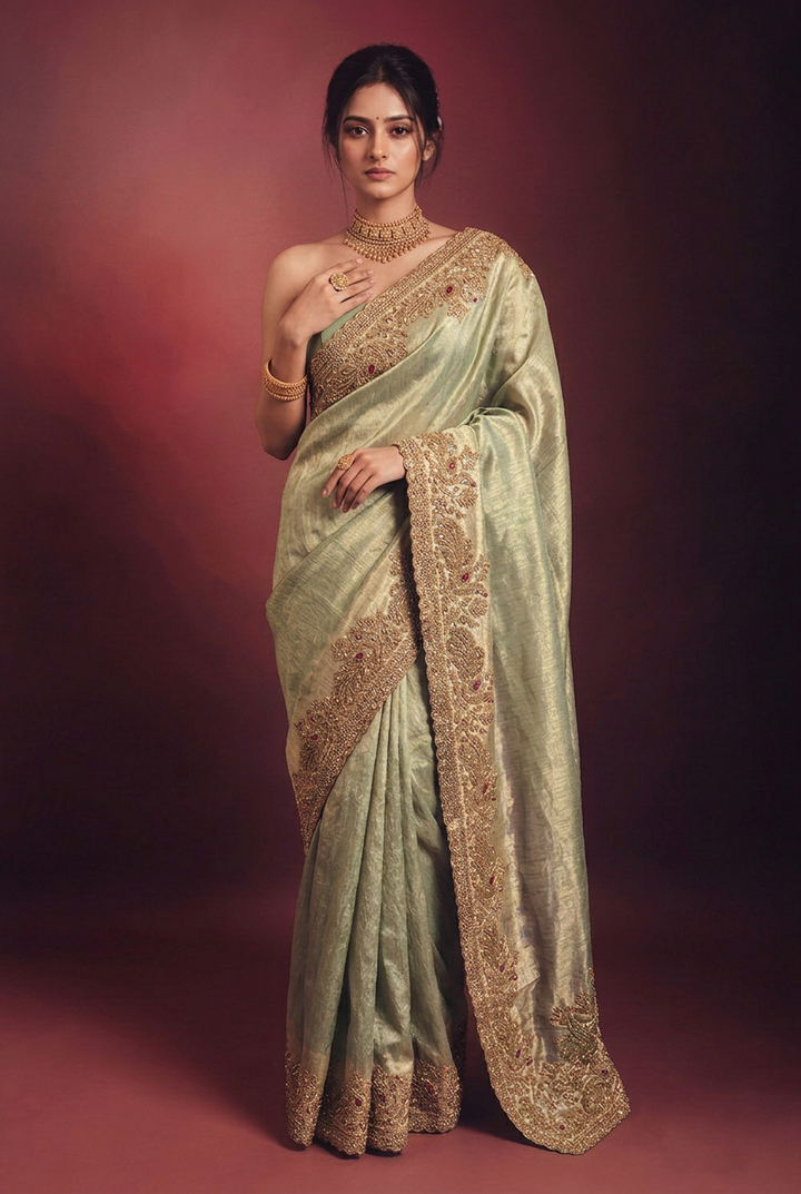 Tissue organza Saree with Aari, Sequins, Stone work.