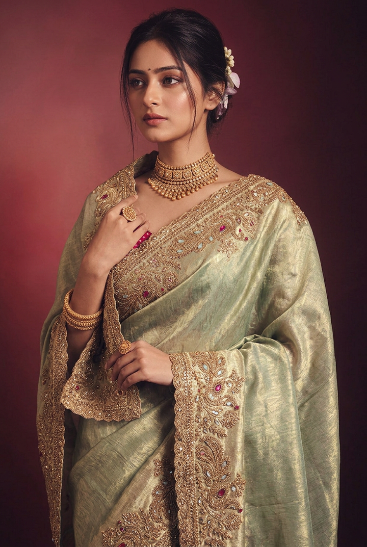 Tissue organza Saree with Aari, Sequins, Stone work.