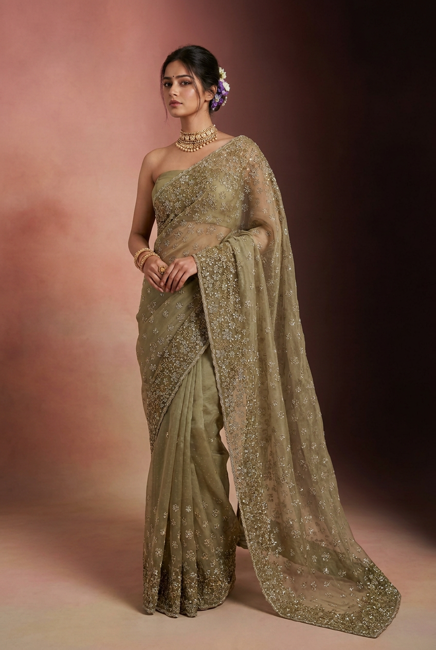 Organza Saree with Swarovski work.