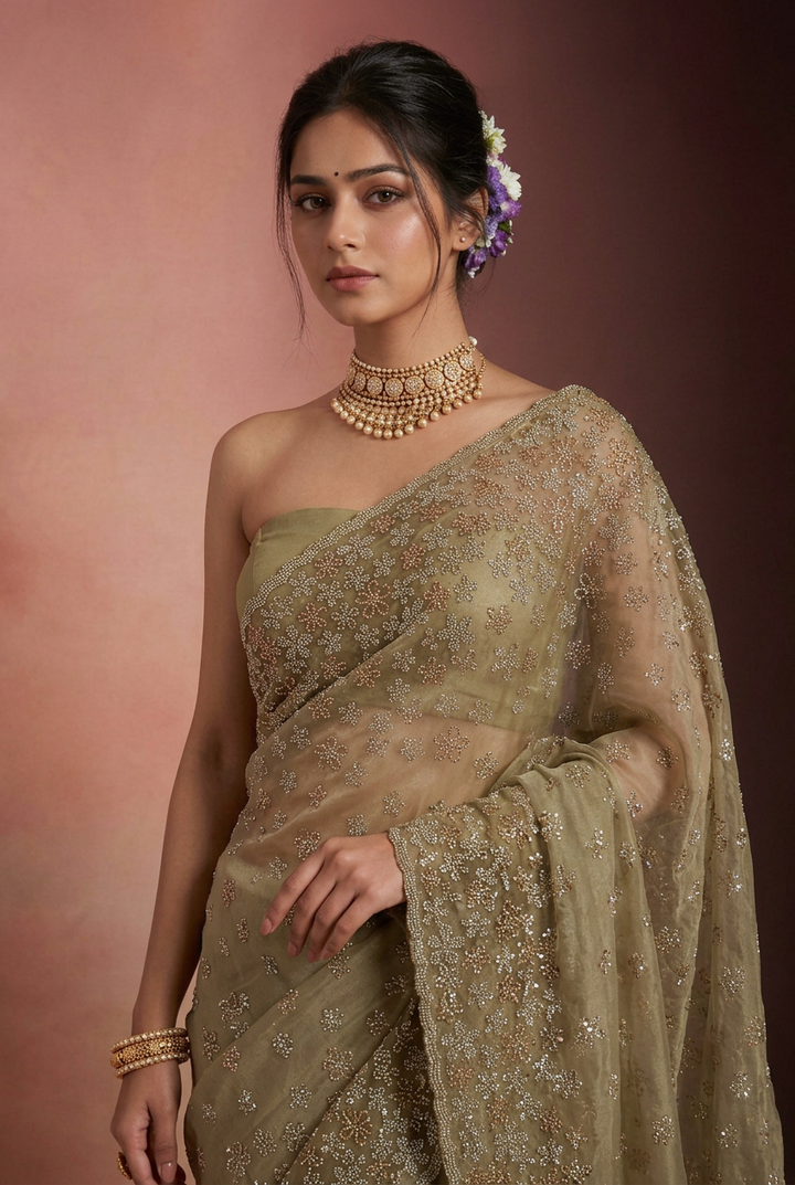 Organza Saree with Swarovski work.