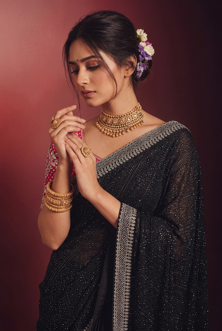 Georgette Saree with Swarovski work.