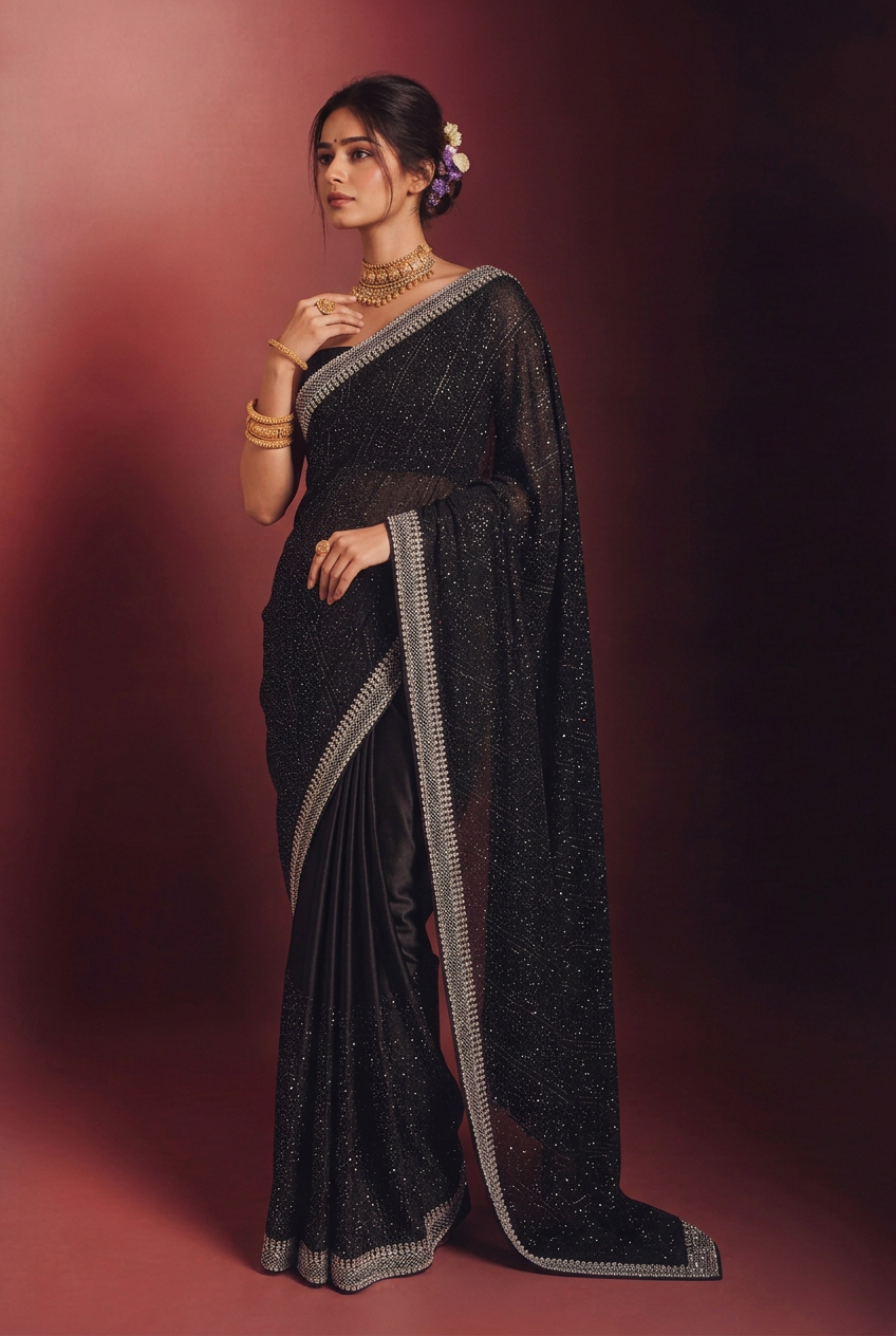 Georgette Saree with Swarovski work.