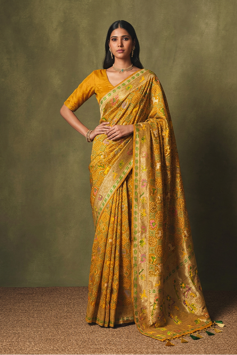 Mustard Gold Khaddi Georgette Bandhej Saree