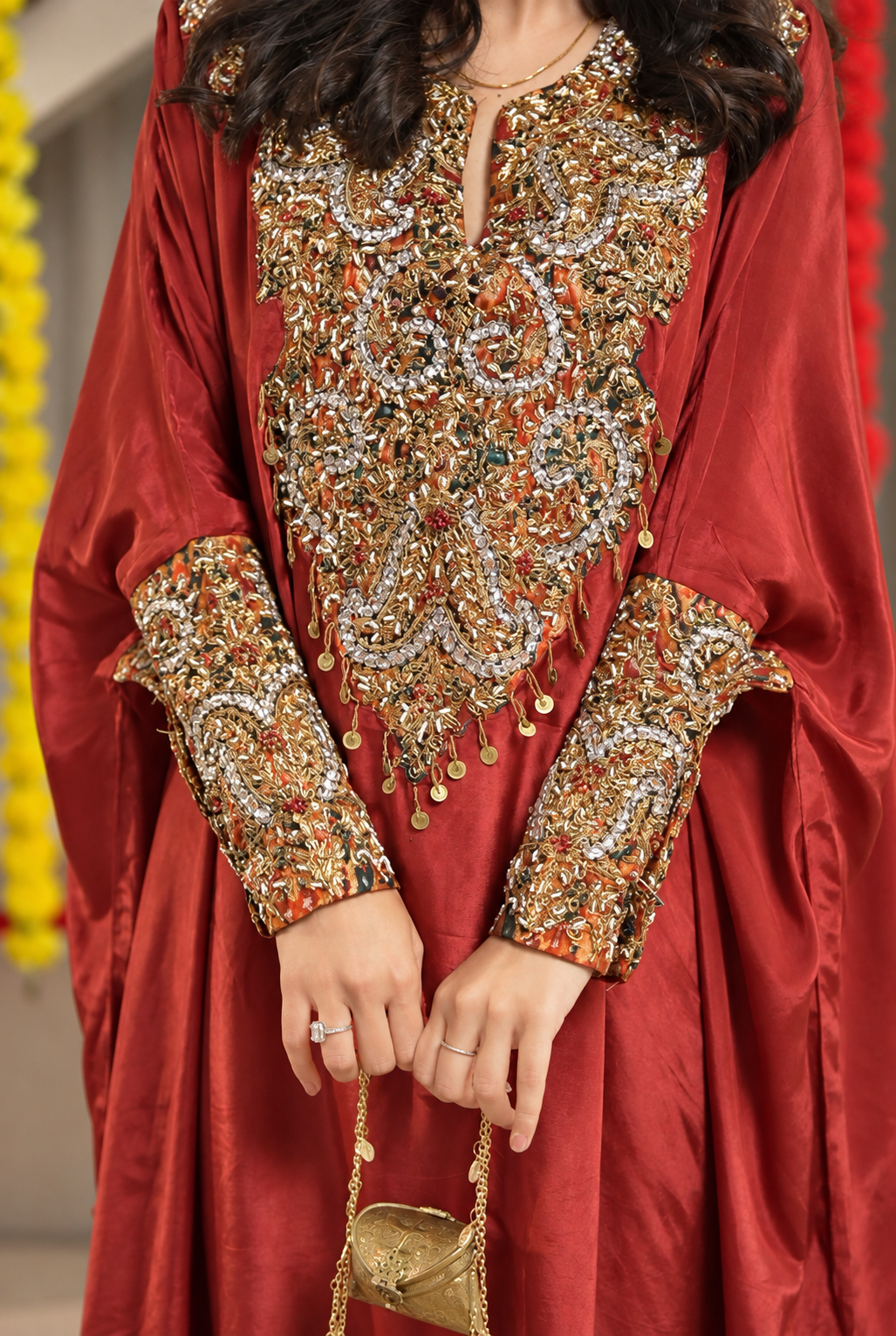 Rust Orange Silk Zardozi Kaftan