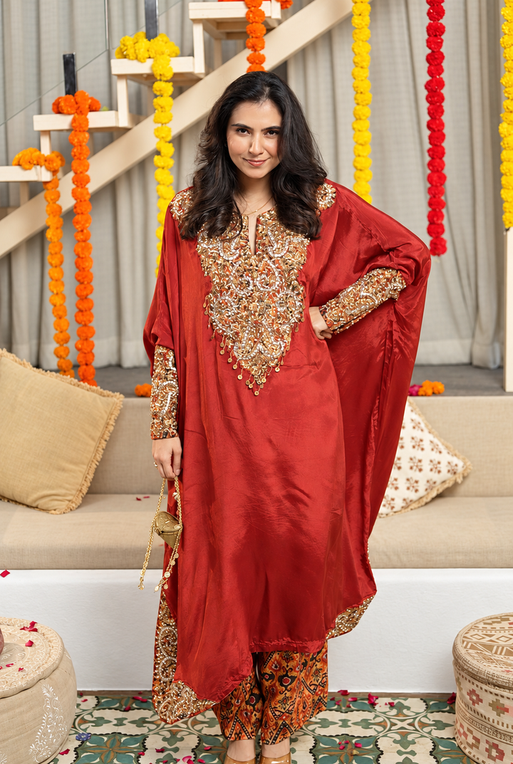 Rust Orange Silk Zardozi Kaftan