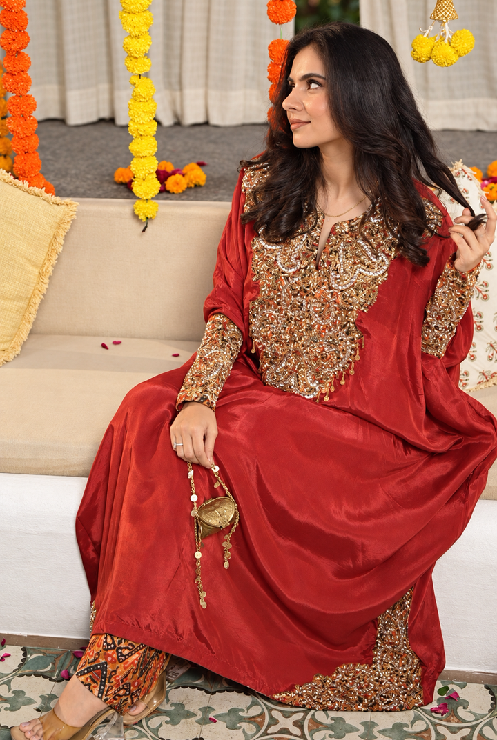 Rust Orange Silk Zardozi Kaftan