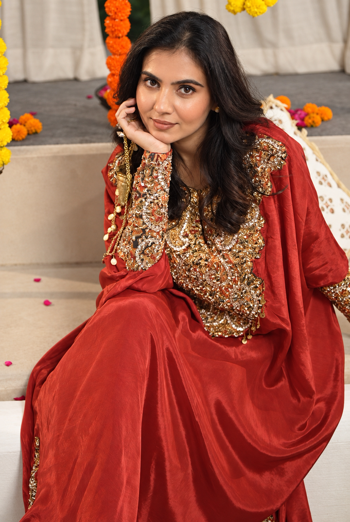 Rust Orange Silk Zardozi Kaftan