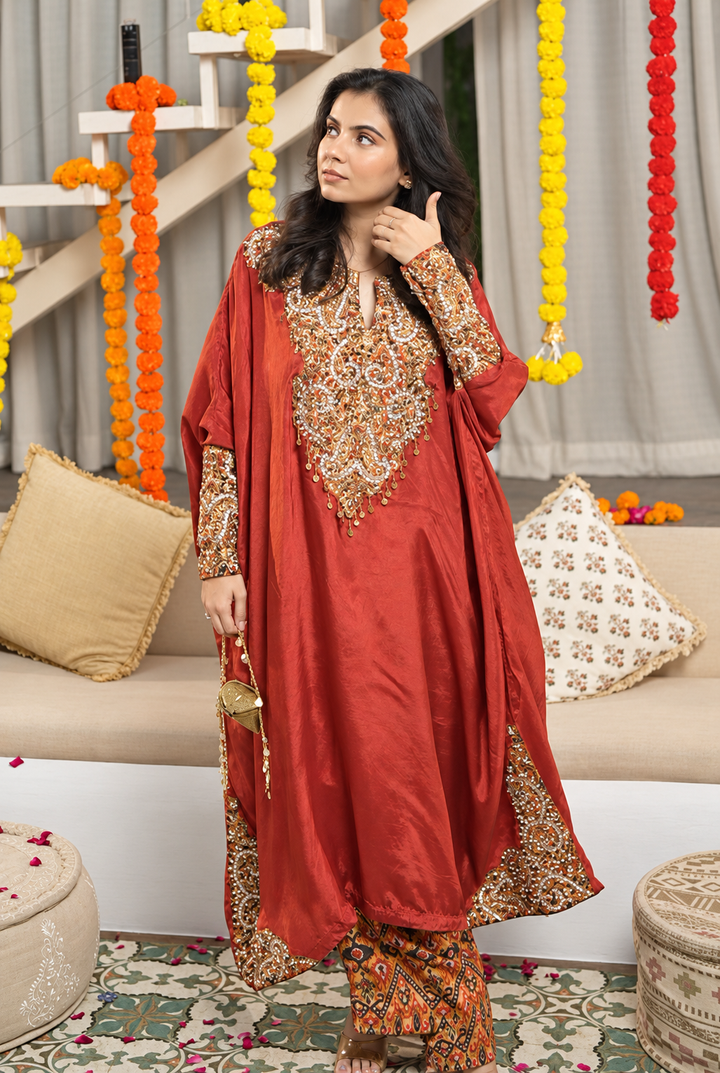 Rust Orange Silk Zardozi Kaftan