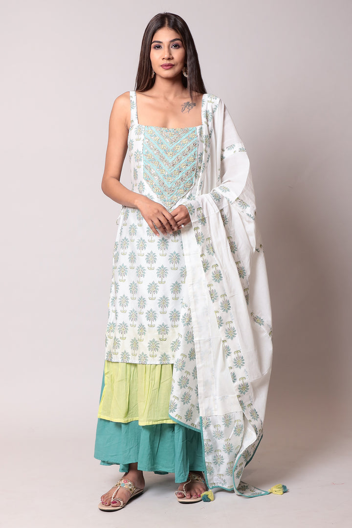 Printed Cotton silk  Suit  with  Thread work.