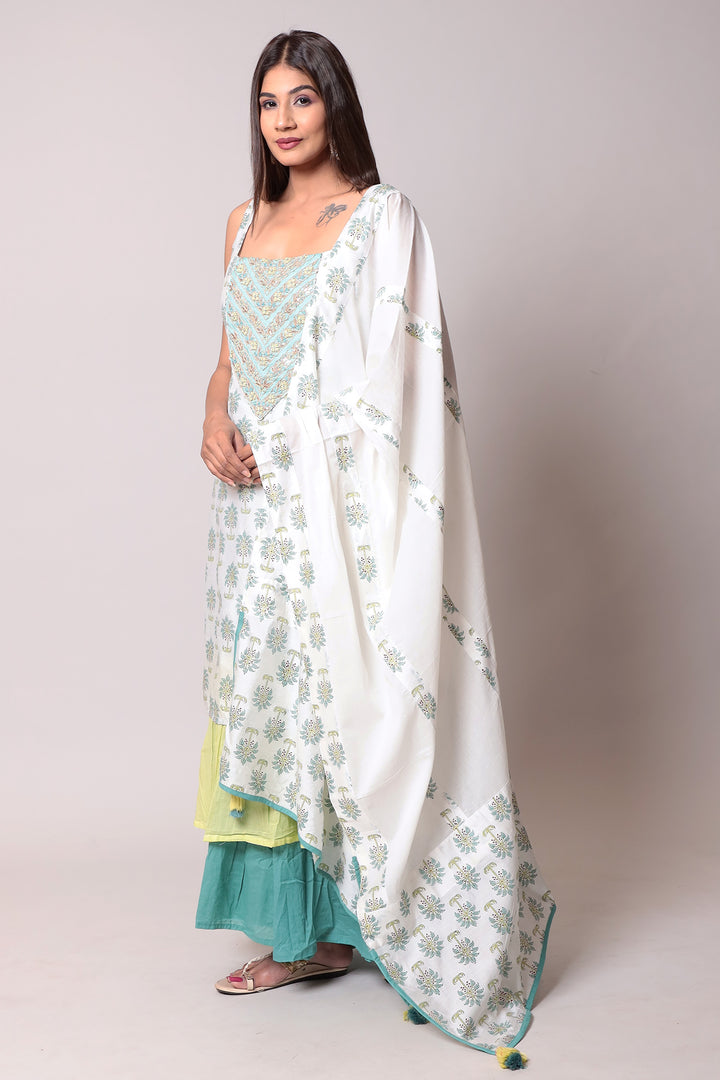 Printed Cotton silk  Suit  with  Thread work.