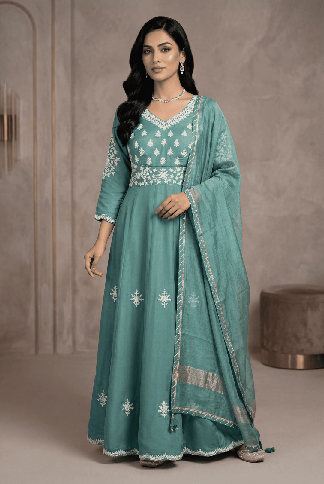 Chanderi Cotton Suit with Dori, Gota Patti, Thread work.
