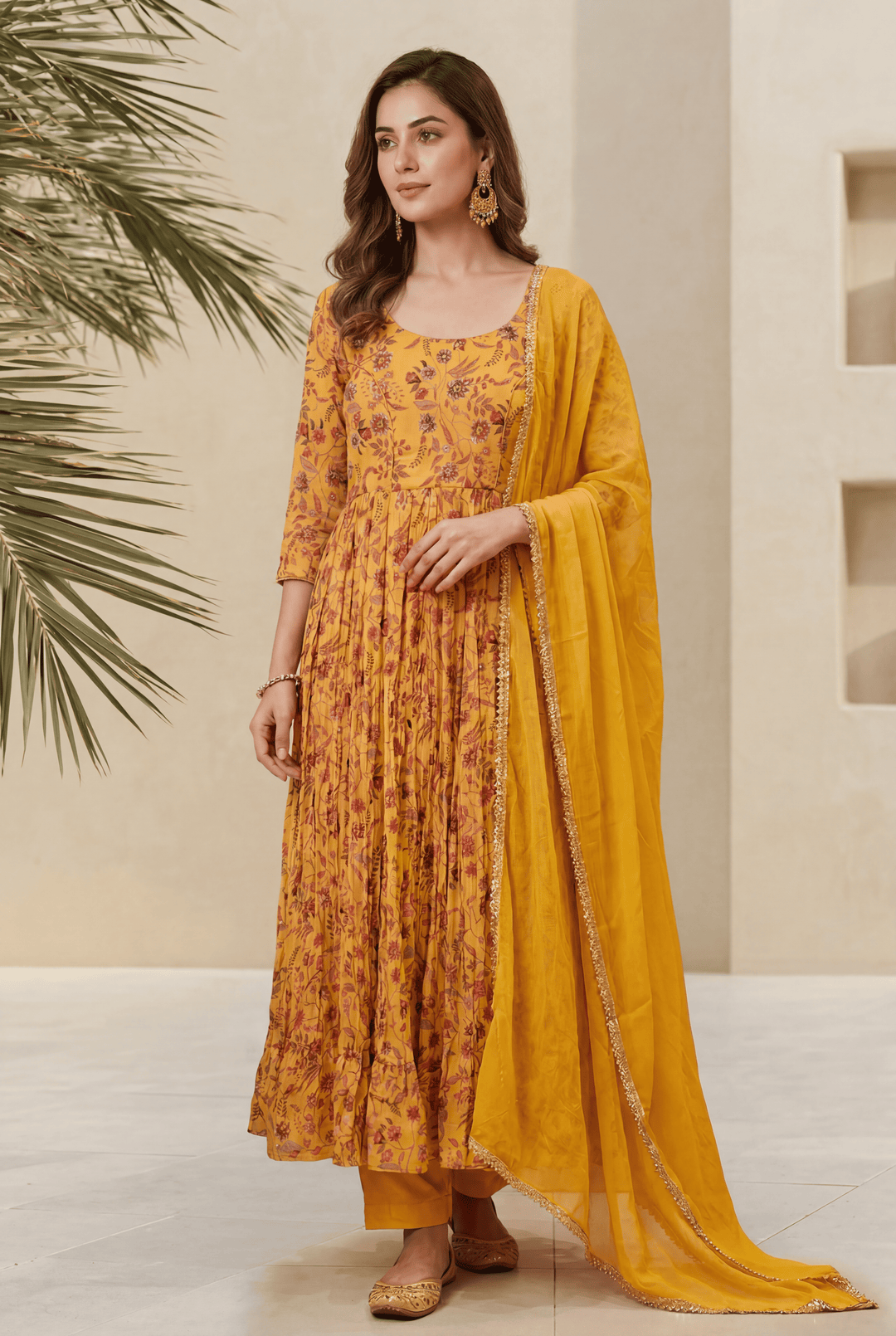 Digital Print Chinon Suit with Gota Patti, Thread work.