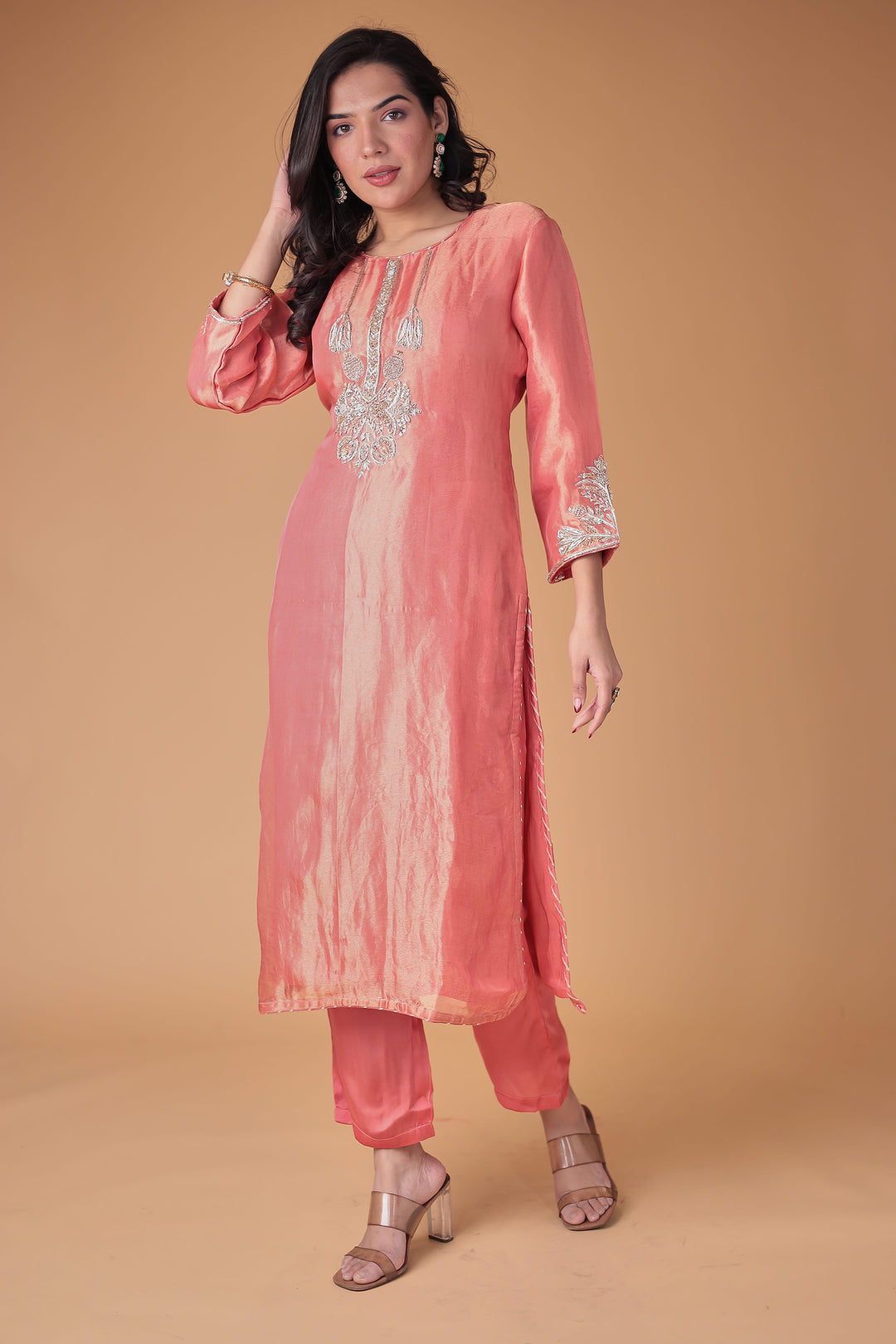 Peach Tissue Suit with Zardozi work