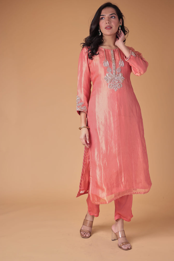 Peach Tissue Suit with Zardozi work