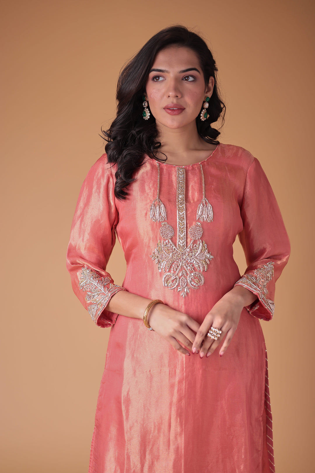 Peach Tissue Suit with Zardozi work