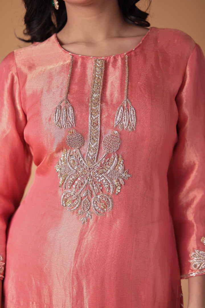 Peach Tissue Suit with Zardozi work