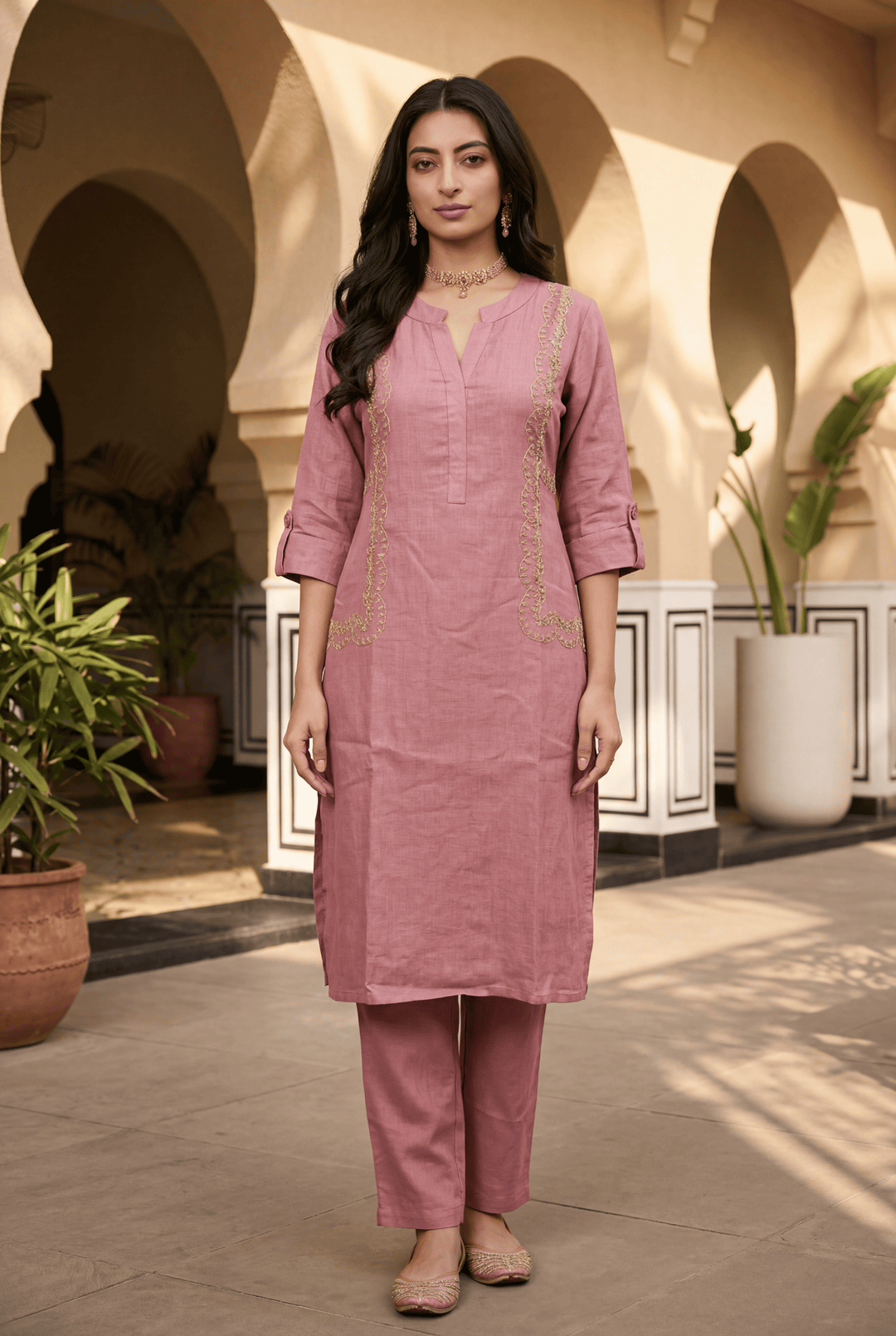 Linen Suit with Dori, Sequins, Stone work.