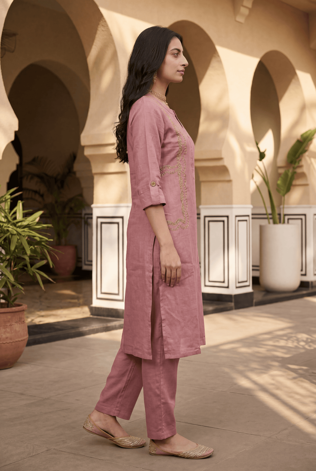 Linen Suit with Dori, Sequins, Stone work.