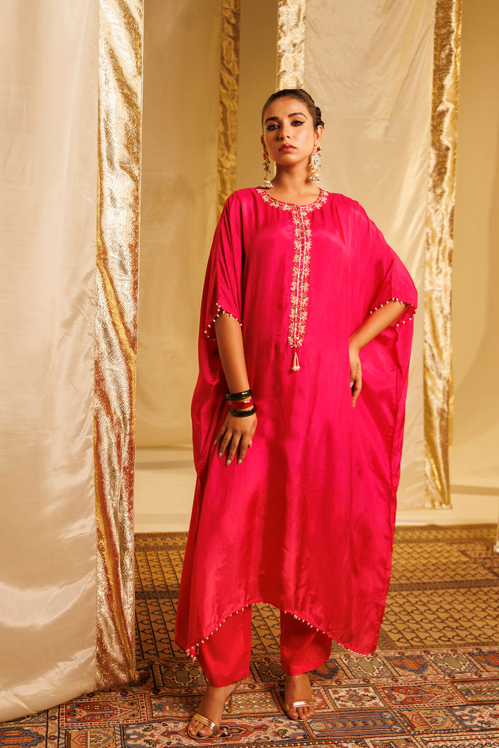 Silk Kaftan Suit with Pearl, Sequins and Thread work