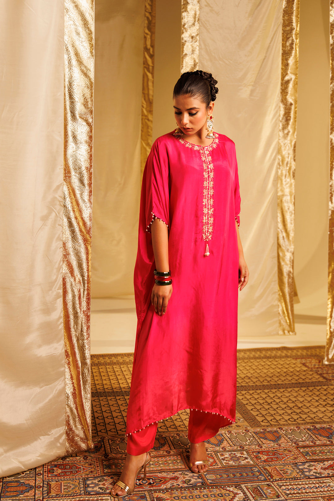 Silk Kaftan Suit with Pearl, Sequins and Thread work