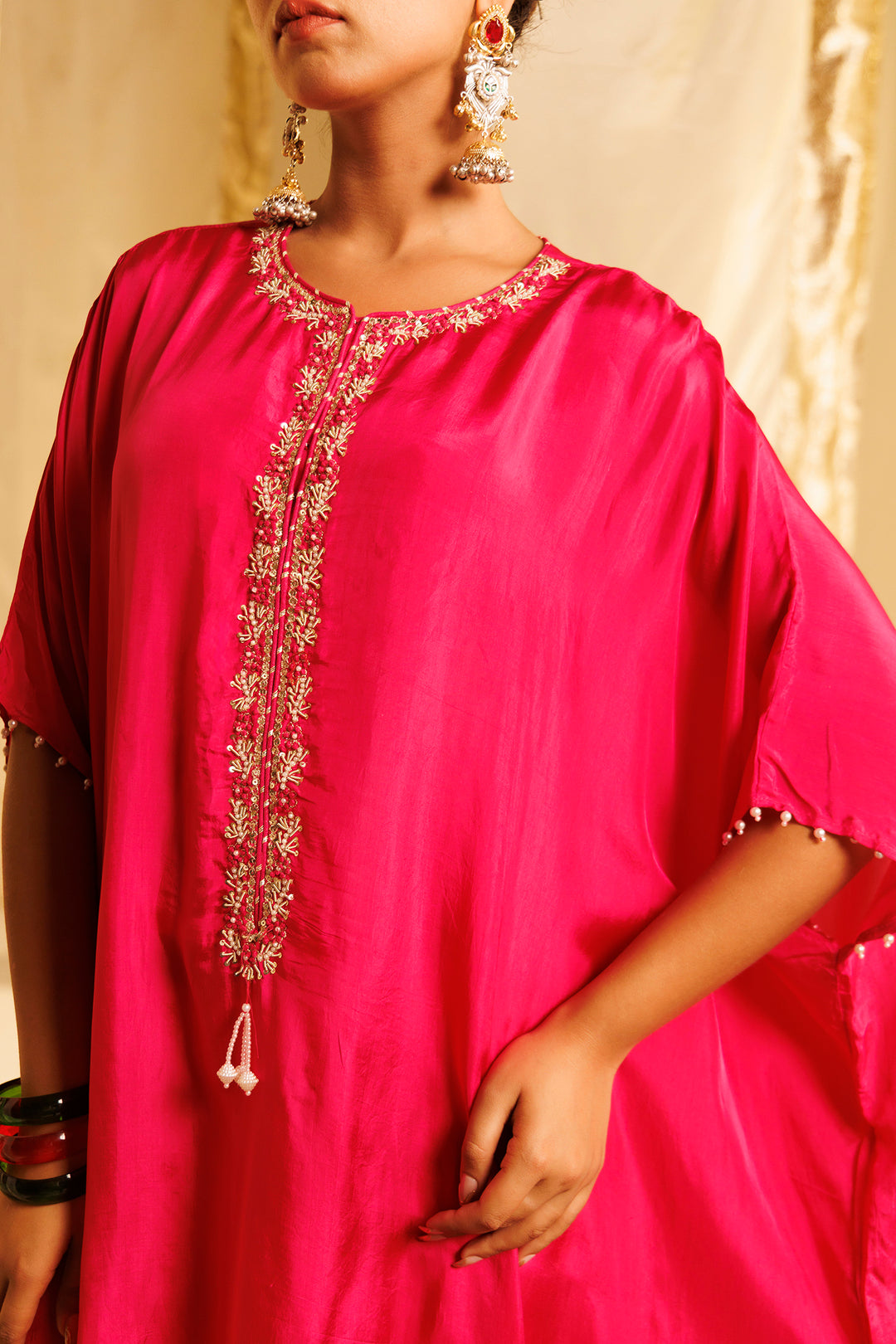 Silk Kaftan Suit with Pearl, Sequins and Thread work
