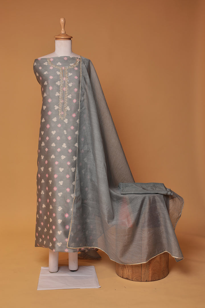 Bandhej Chanderi Unstitched Suit with Pearl work