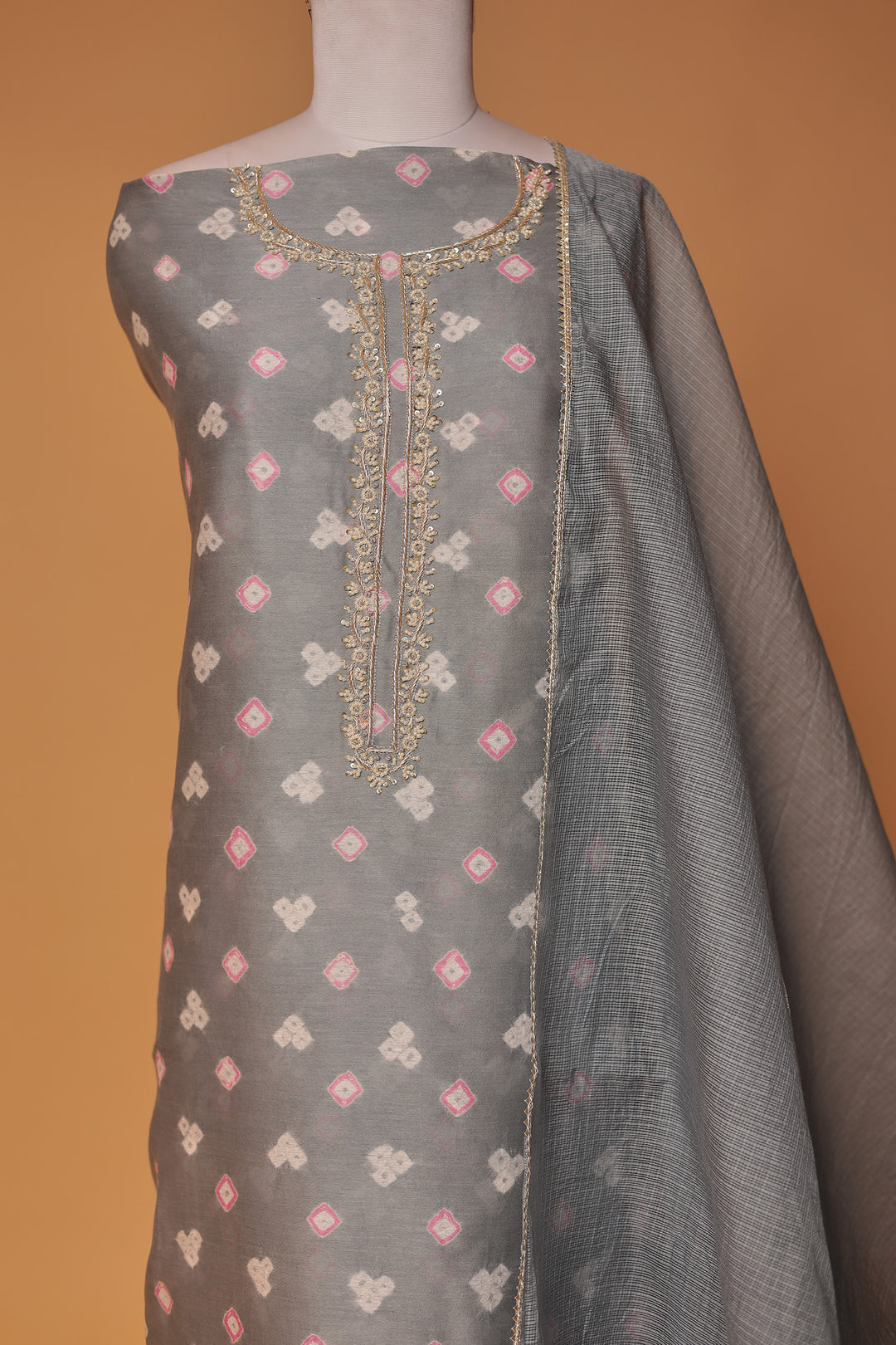 Bandhej Chanderi Unstitched Suit with Pearl work
