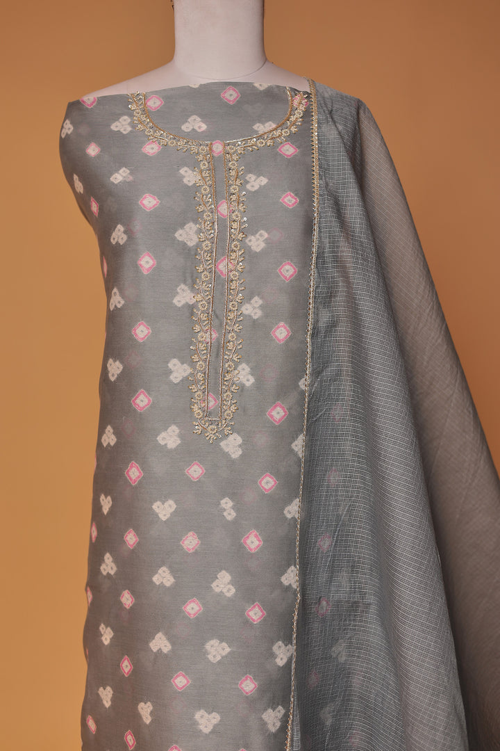 Bandhej Chanderi Unstitched Suit with Pearl work