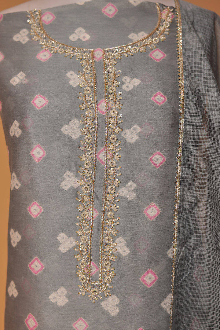 Bandhej Chanderi Unstitched Suit with Pearl work