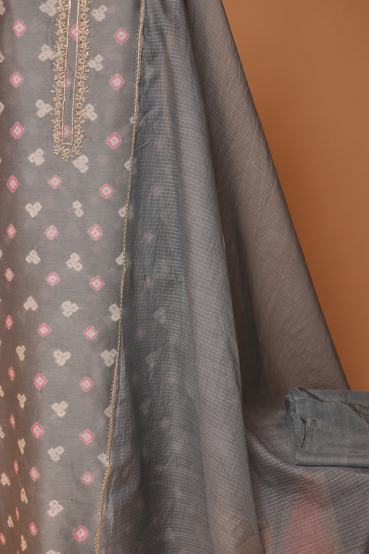 Bandhej Chanderi Unstitched Suit with Pearl work