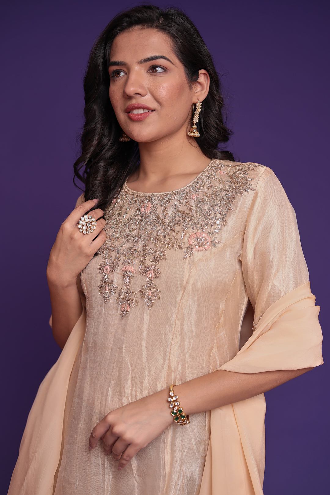 Anarkali Tissue Suit with Dori, Gota Patti and Zardozi work