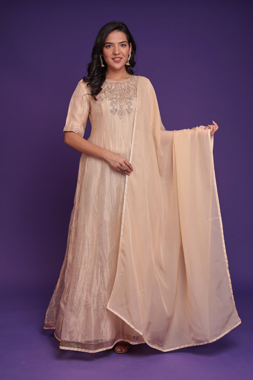 Anarkali Tissue Suit with Dori, Gota Patti and Zardozi work