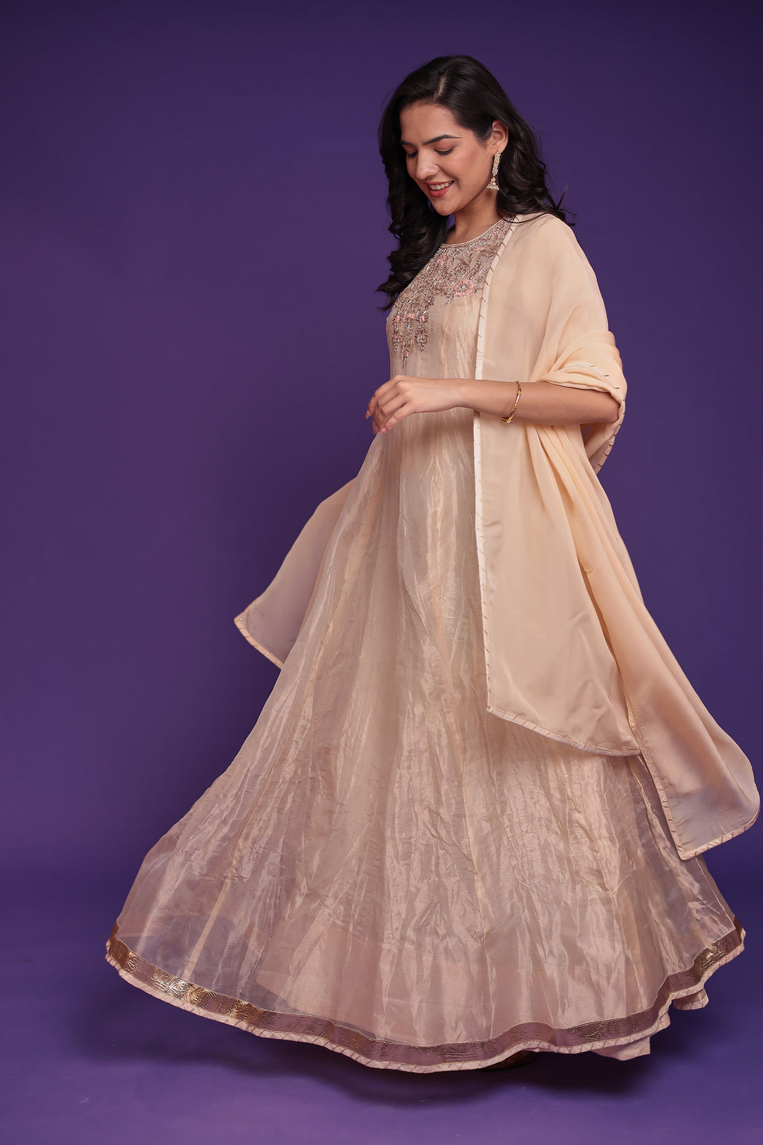 Anarkali Tissue Suit with Dori, Gota Patti and Zardozi work