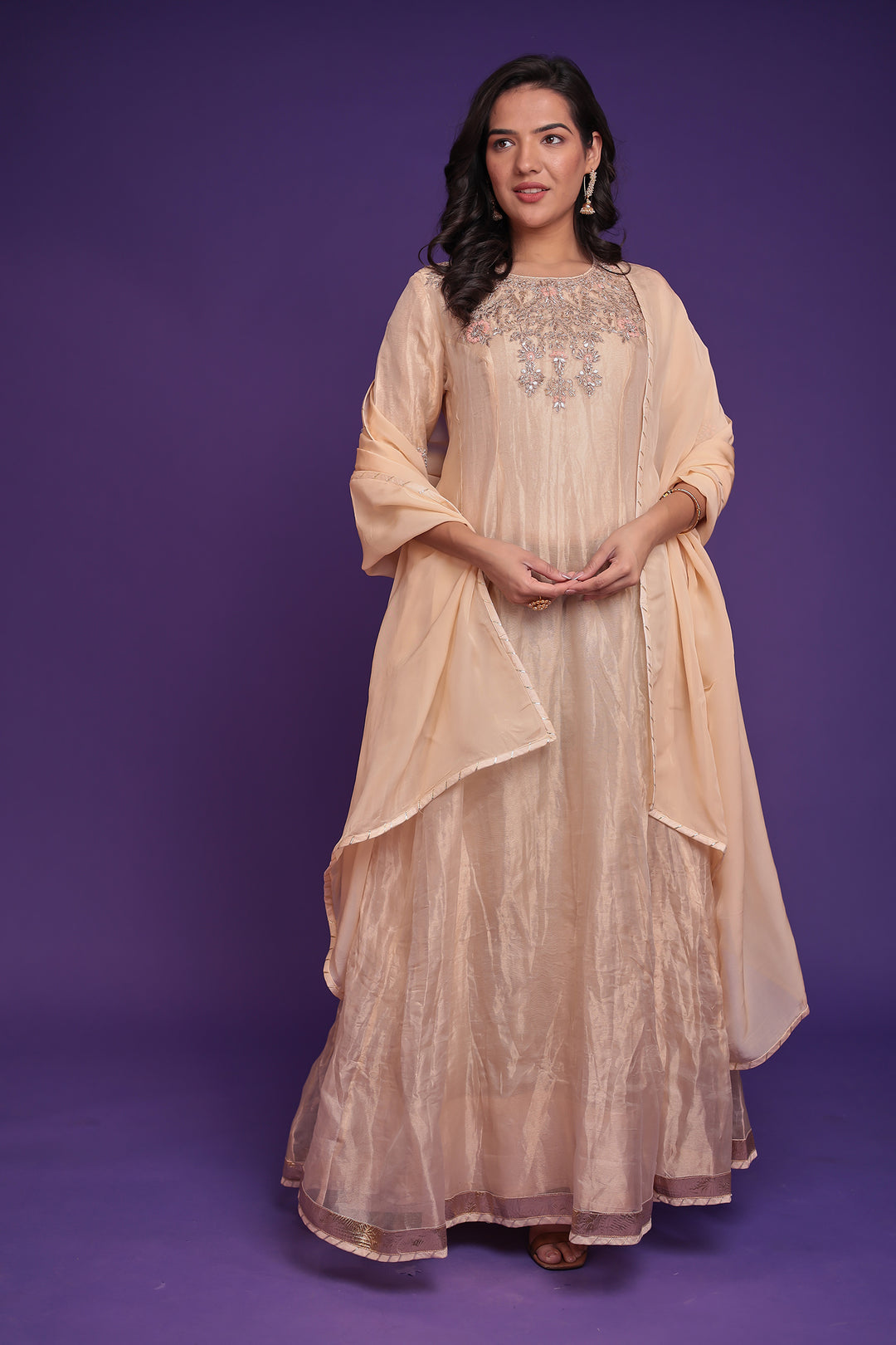 Anarkali Tissue Suit with Dori, Gota Patti and Zardozi work