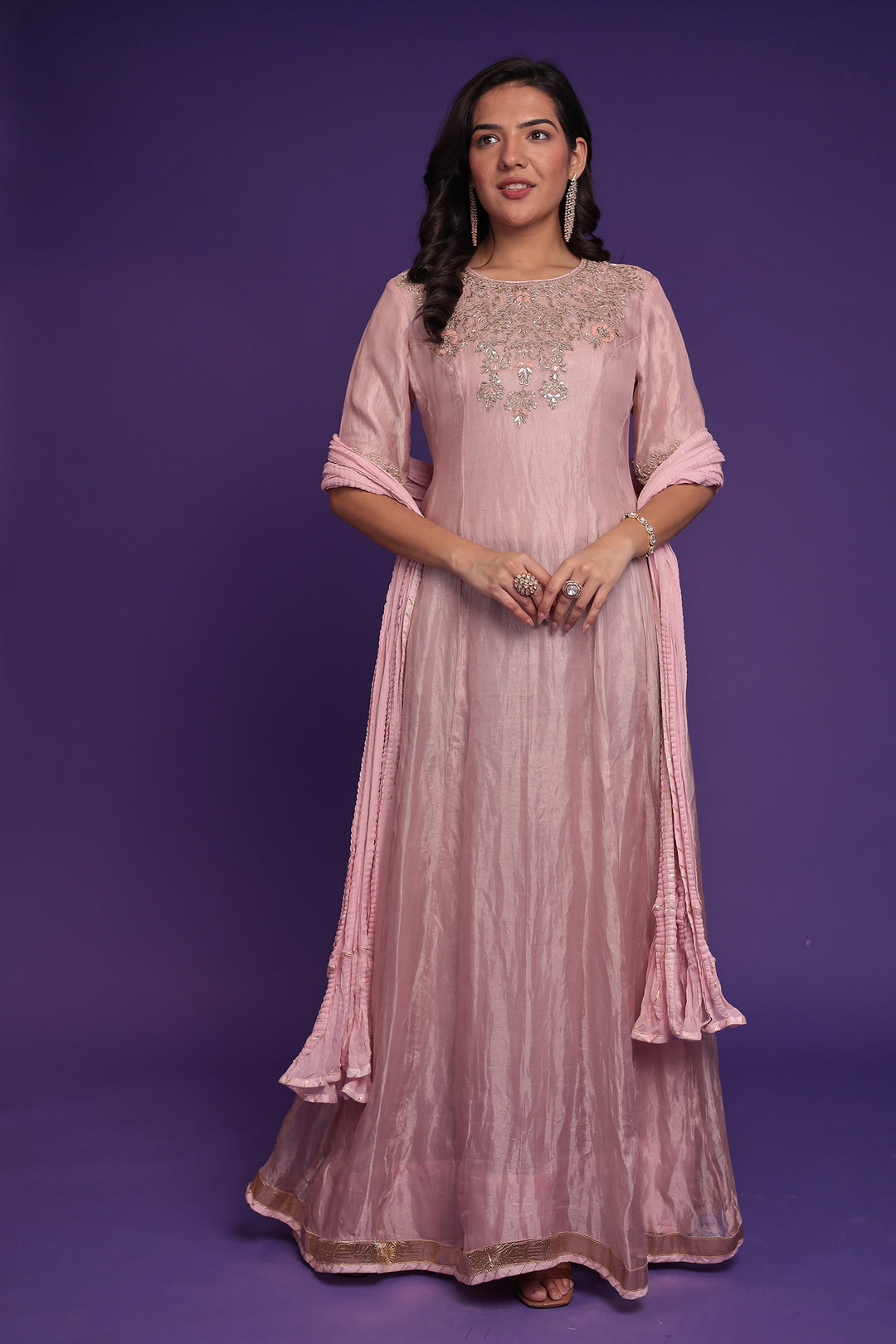 Anarkali Tissue Suit with Dori, Gota Patti and Zardozi work