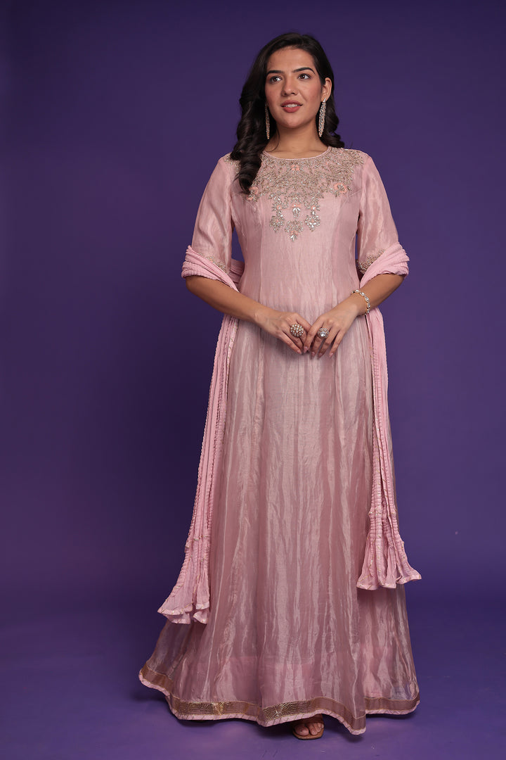Anarkali Tissue Suit with Dori, Gota Patti and Zardozi work