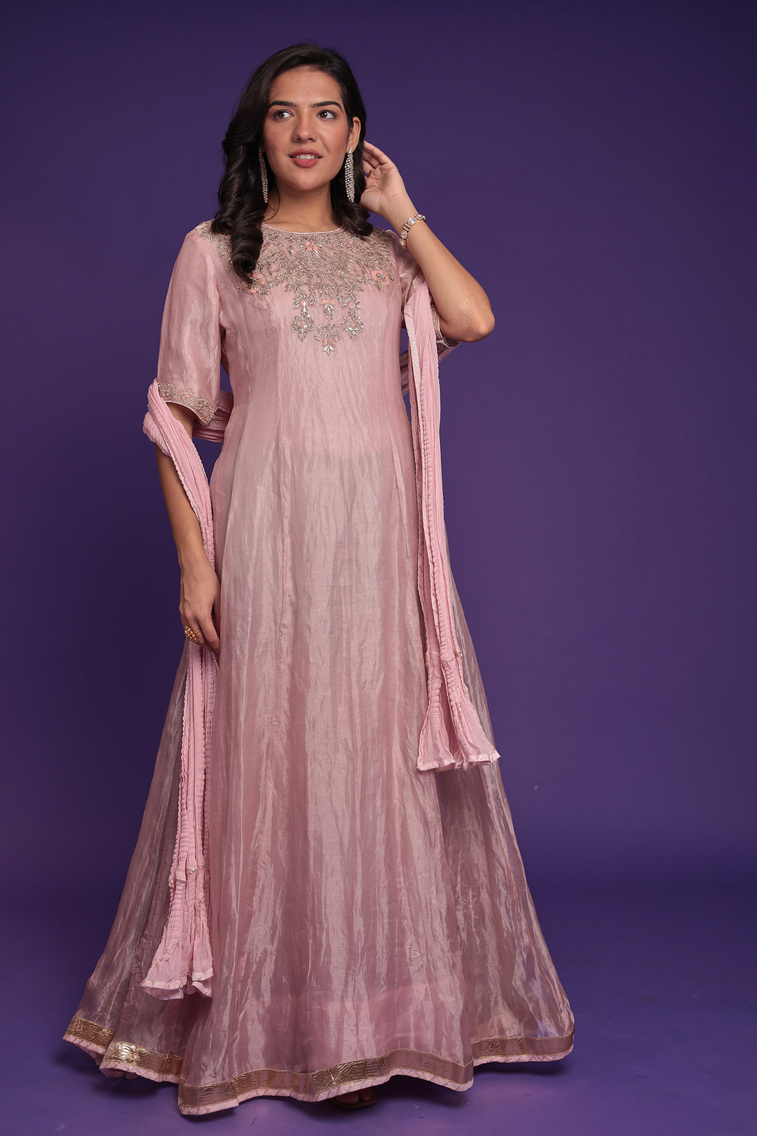 Anarkali Tissue Suit with Dori, Gota Patti and Zardozi work