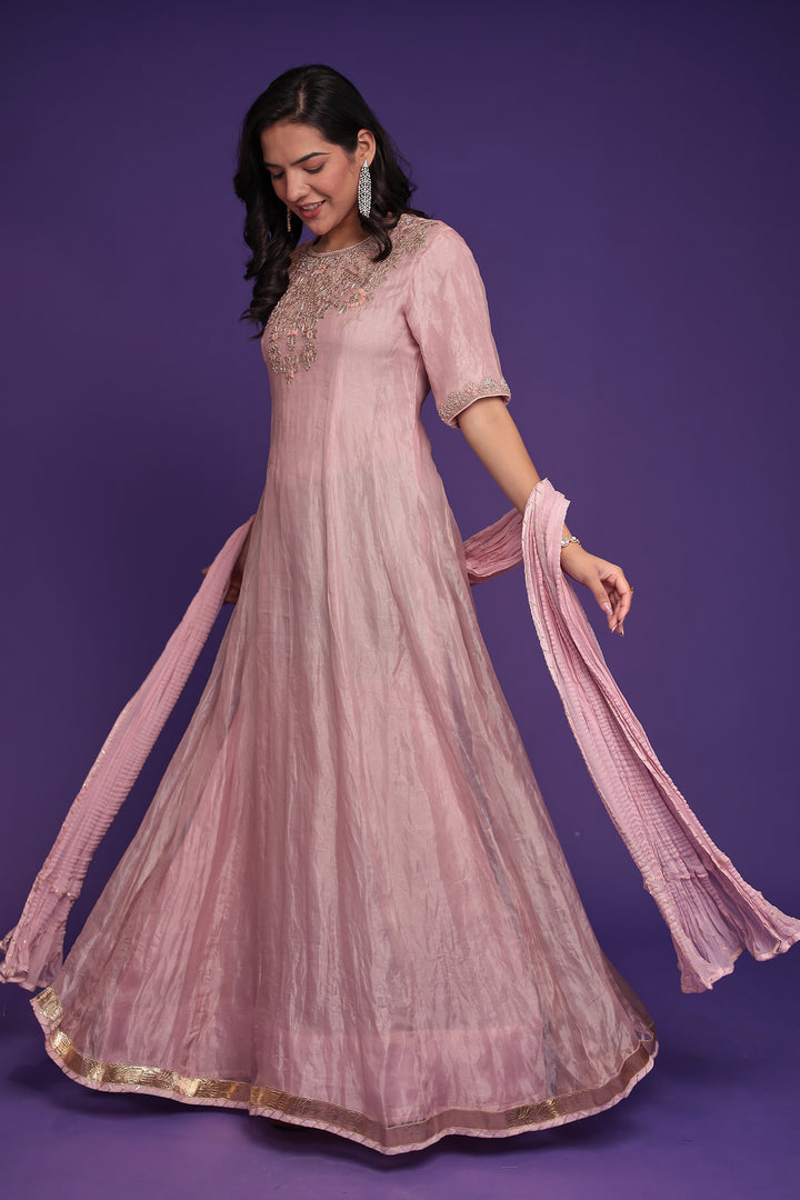 Anarkali Tissue Suit with Dori, Gota Patti and Zardozi work