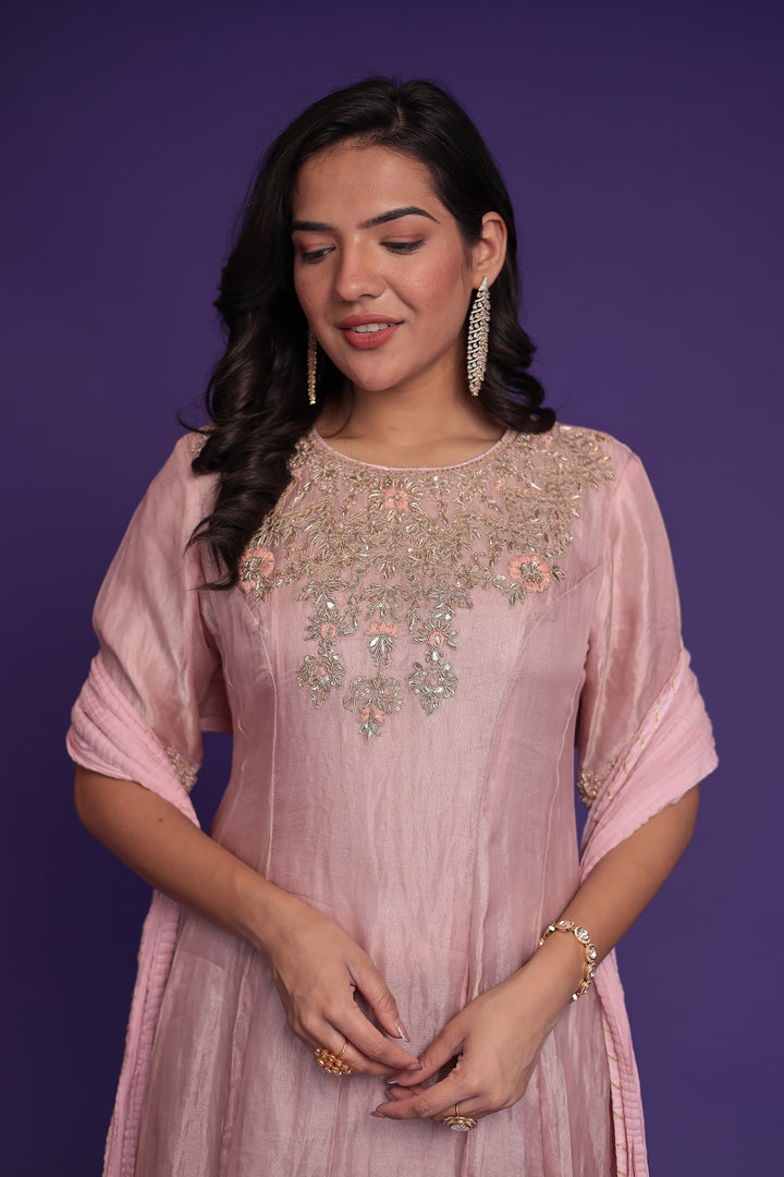 Anarkali Tissue Suit with Dori, Gota Patti and Zardozi work